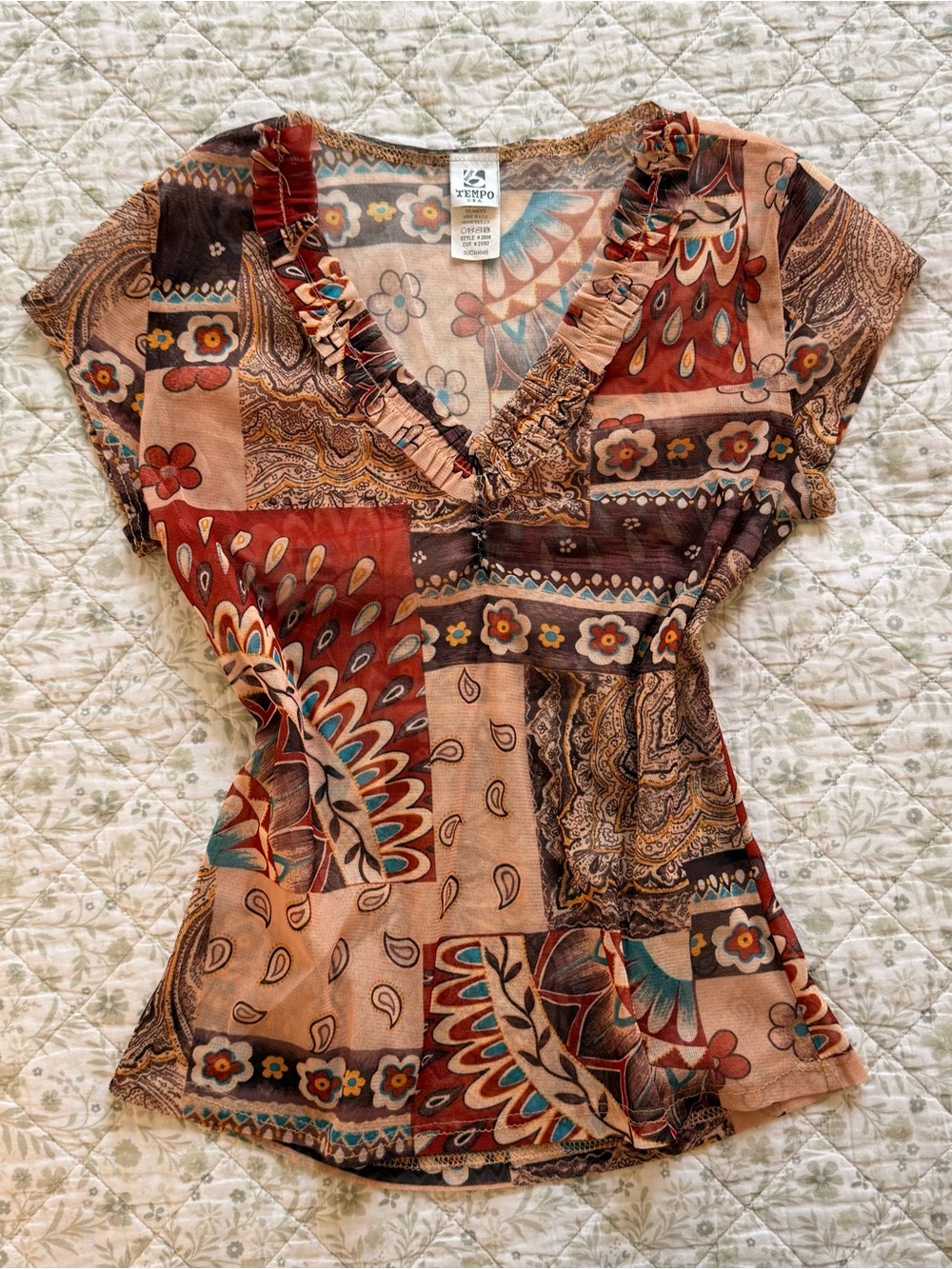 Vintage y2k floral and paisley print mesh blouse with v-neckline